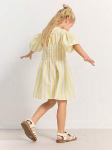 THE HAPPY LOOK Young Girls Striped Color Block Puff Sleeve Cinched Waist Flared Hem Dresses, Resort Style
