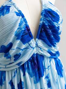 Dreamara 大码女式波西米亚风花卉扎染褶皱挂脖宽松露背中长连衣裙，秋季假期返校，夏季 - 藍色 - 查看 4