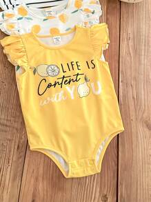 SHEIN LMoss Kids 4pcs Newborn Baby Girl Summer Cute Striped Cartoon Pattern Bodysuit Set - White - View 5