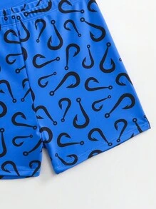 SHEIN 男童字母和沙滩印花圆领长袖上衣和短裤泳衣套装 - 藍色 - 查看 3