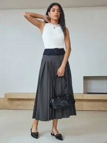 MOTF STUDIO COLORBLOCK PLEATED BELTED MIDI SKIRT