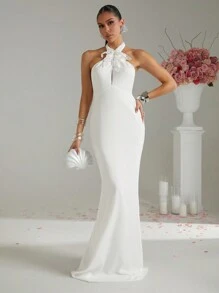 Lumalex Women's Floral Rhinestone Beaded Halter Neck Maxi Bodycon Mermaid Dress - White - View 5