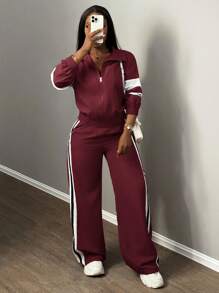 Slaydiva Women's Two-Piece Set Burgundy Autumn Casual Velvet Occasion Stand-Up Collar Zipper Long-Sleeved Jacket,Straight Wide-Leg Trousers With Ribbon - Burgundy - View 5