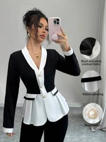 Elenzga Blusa casual y elegante de manga larga con detalles de cinta y bloqueo de color para mujeres