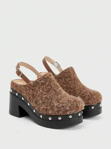 Sugerpunk Women's Fashionable Black Backstrap Wooden Clog Platform Flat Shoes Valentine's Day - Brown - View 3