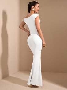 SHEIN BAE Vestido elegante de cola de sirena con cuello asimétrico y bajo extra largo, para uso diario, citas, salir, fiestas, clubes, disfraces de Halloween para mujer, en otoño