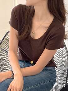 DAZY Women Round Neck Short Sleeve Basic Fitted T-Shirt, Solid Brown Color, Spring/Summer
