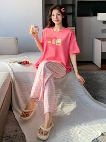 DAZY Set de pijama de 2 piezas para mujer con estampado, de manga corta y corte holgado