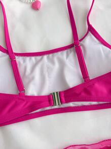 SHEIN 少女三件套：粉色纯色针织比基尼上衣、花卉印花染色裙子、度假休闲沙滩装 - 玫紅色 - 查看 3