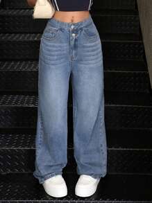 SHEIN 青少年女孩蓝色牛仔布对比色翻边腰宽松宽松牛仔裤 - 中等水洗藍 - 查看 6