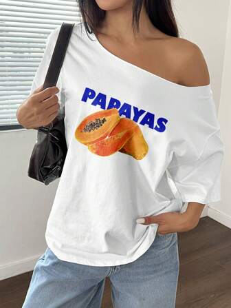 Flirla T-shirt ample blanc à manches courtes avec col asymétrique, imprimé de fruits de papaye pour femmes