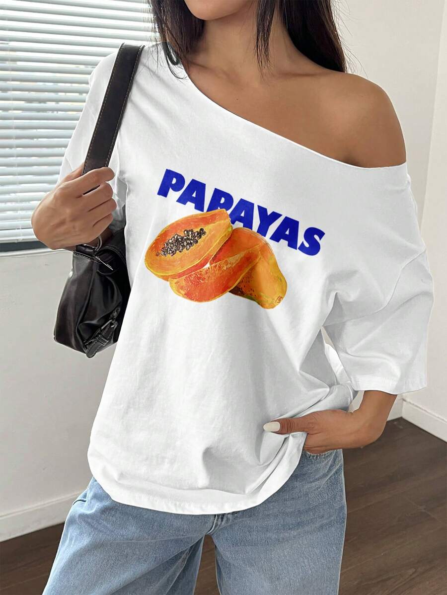 Flirla T-shirt ample blanc à manches courtes avec col asymétrique, imprimé de fruits de papaye pour femmes - Blanc - Voir 1