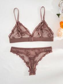 2pcs/Set Lip Jacquard Mesh See-Through Wirefree Triangle Cup G-String Panties (Lingerie Set) - Mocha Brown - View 2