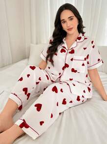 Dream Adore Ensemble robe et pyjama grandes tailles, imprimé cœur aquatique, chemise à manches courtes rouge et pantalon long