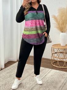 SHEIN VCAY 2 sztuki/zestaw Plus Size Women Striped V-neck Long Sleeve T-shirt I Spodnie Swobodne Ubrania