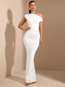 SHEIN BAE Vestido elegante de cola de sirena con cuello asimétrico y bajo extra largo, para uso diario, citas, salir, fiestas, clubes, disfraces de Halloween para mujer, en otoño