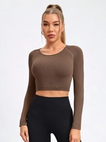 Easithlete Women's Solid Color Round Neck Long Sleeve Slim-Fit Short Dress - Brown - View 5