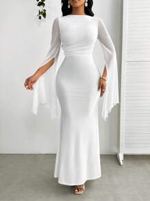 SHEIN Lady Women's Solid Color Mesh Splicing Long-Sleeved Slim Dress Bodycon Fishtail Hem Elegant Dress - White - View 3