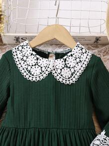 SHEIN Young Girl Simple Solid Color Long Sleeve Casual Everyday Dress - Green - View 6