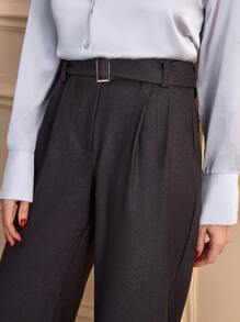 EURMUSE Wool-Like Paper Bag Buckle Belted Wide Leg Women's Pants - Dark Grey - View 5