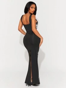 SHEIN SXY Vestido de lentejuelas de unicolor con decoración de strass, talla ajustada y diseño de cola de pez para fiestas - Negro - Ver 3