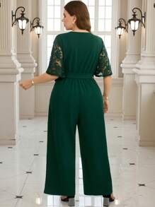 SHEIN Clasi Plus Size Women's Elegant Patchwork Lace Ruffle Sleeve Jumpsuit, Dark Green, Autumn, Party, Fashionable Versatile For Daily, Afternoon Tea & Shopping - Dark Green - View 3