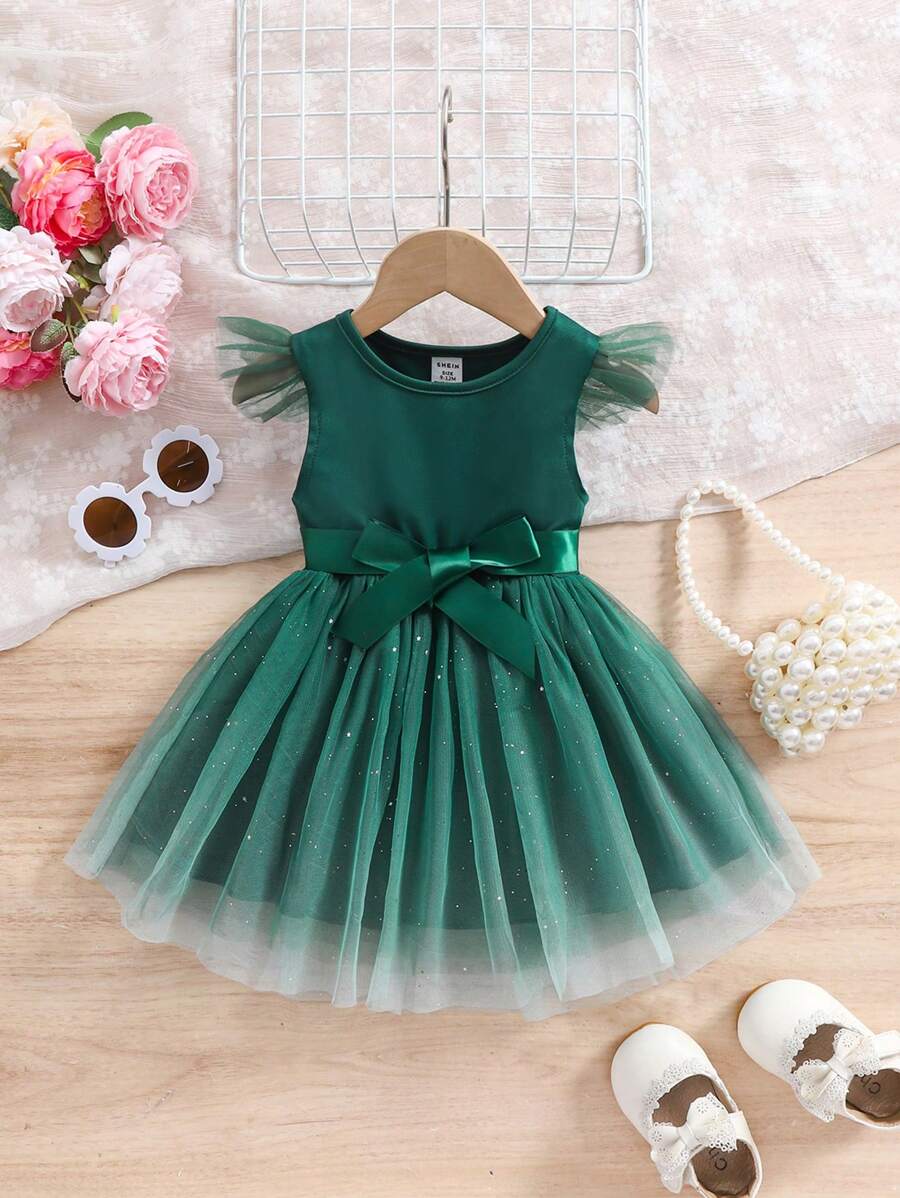 SHEIN 女婴优雅而奢华的女婴飘逸闪光点缀绿色连衣裙，春夏 - 墨綠色 - 查看 1