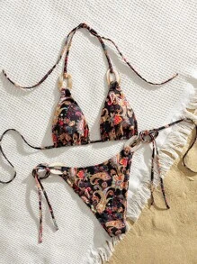 Swim Vcay Springbreak Summer Vacation Sexy Multi-Color Random Print Halter Triangle Bikini 2 Pieces Set, Festival Boho - Multicolor - View 6
