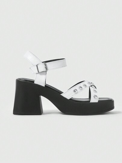 Grunge Punk Sandalias de verano para mujer con punta abierta, correa cruzada, hebilla única, tacón grueso, estilo punk, para fiesta, formal y trabajo, de tacón alto