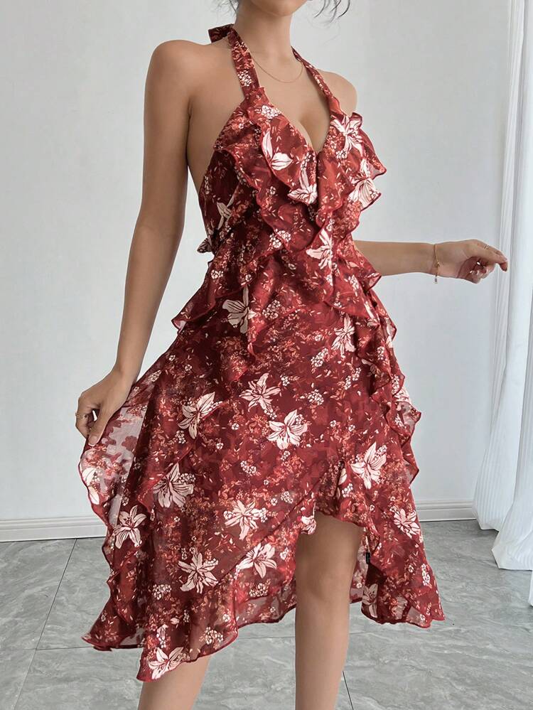 Red Ditsy Floral Print Knotted Neck Ruffle Hem Midi Dress, Summer Prom Dress Sundress Cruise Outfit For Women Boho