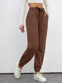 Cottnline Cotton Tall Ladies' Drawstring Waist Solid Color Jogging Pants - Mocha Brown - View 3