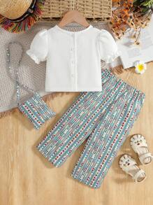 SHEIN Baby Girls' Unique Print Puff Sleeve Top And Comfy Loose Pants 2pcs/Set - White - View 2