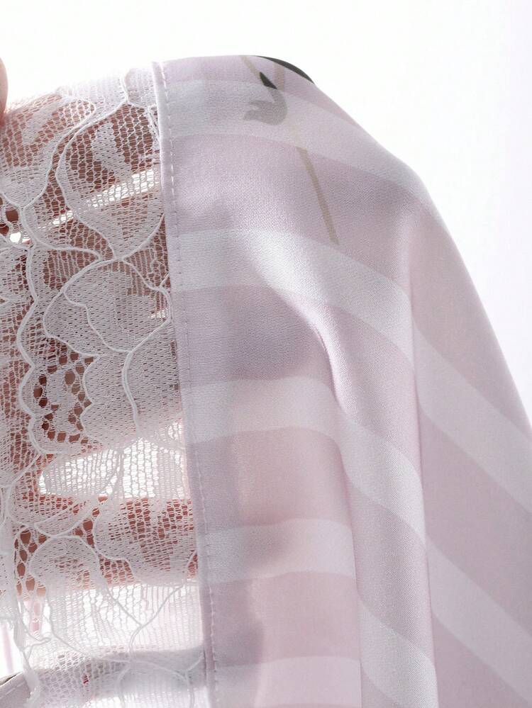 Romantic Satin Floral Striped Allover Print Lace Patchwork Camisole Short Nightgown Pajama
