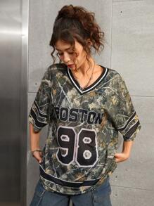 SHEIN Teen Girl Retro Street Spring And Summer,New V-Neck Camouflage Print & Letter Oversized Casual T-Shirt - Multicolor - View 6