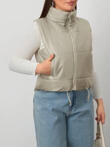 RueChic Plus Long Back Sleeveless Puffer Vest Padded Coat, For Winter - Beige - View 3