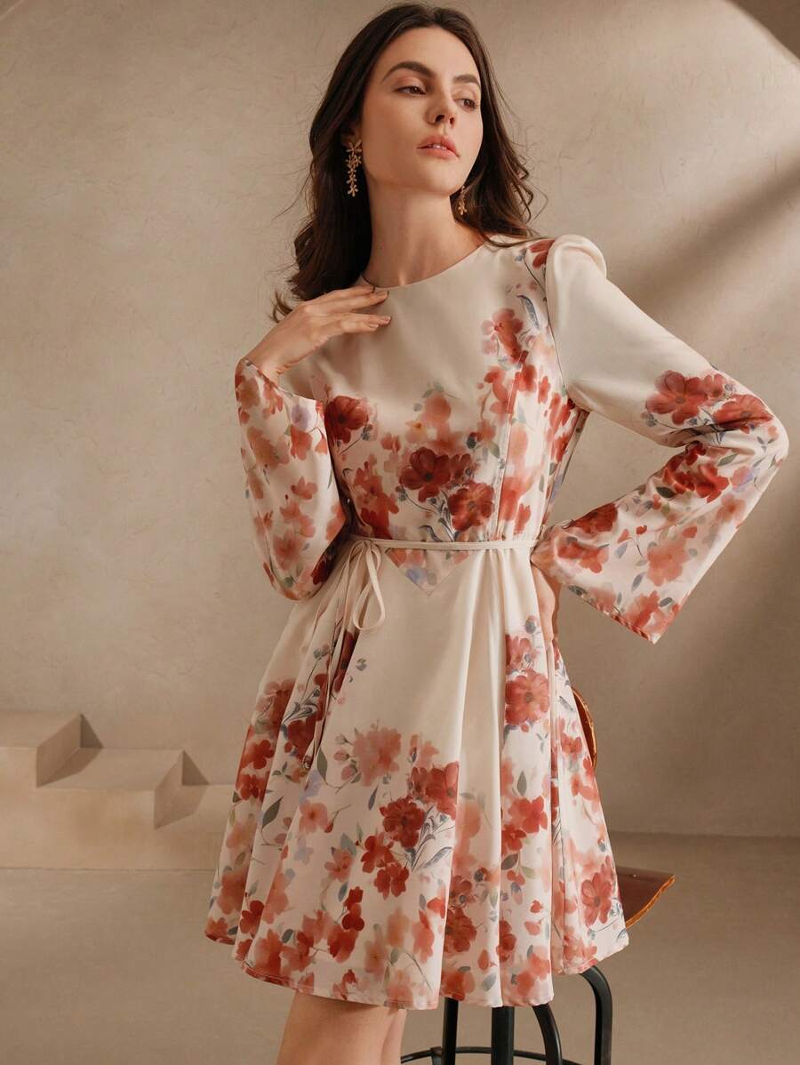 Anewsta 女式迷你花卉印花长袖荷叶边腰修身短裙，春夏装