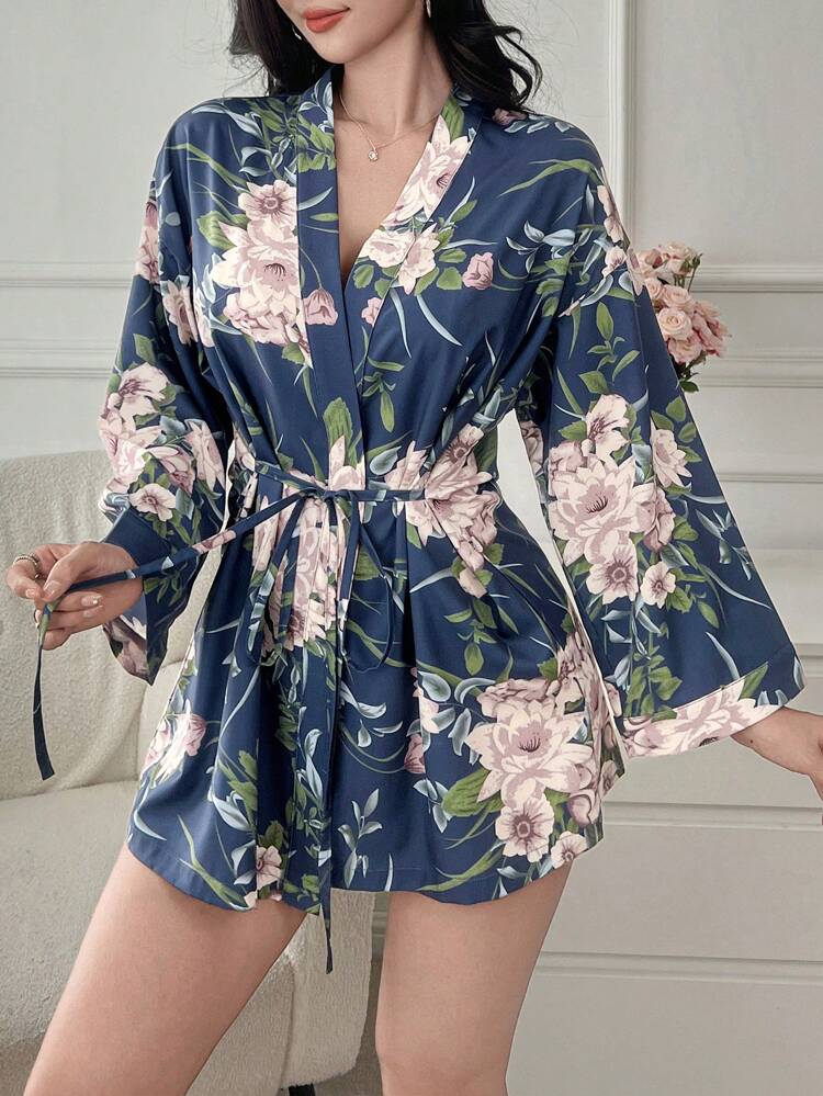 Floral Print Waist Belt Vacation Women Long Sleeve Fashion Shirt,Fall Boho