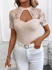 SHEIN Clasi Tricou bodycon cu mânecă scurtă pentru femei Waffle Lace - Caisă - Vizualizare 1