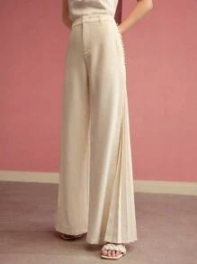 MOTF PREMIUM BUTTON DETAIL PLEATED WIDE LEG PANTS,SPRING/SUMMER - White - View 5