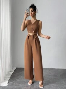 Modelyn 2 Stücke Damen Set aus einfarbiger knopfverschlossener ärmellose Bluse und langer Hose - Braun - Übersicht 5