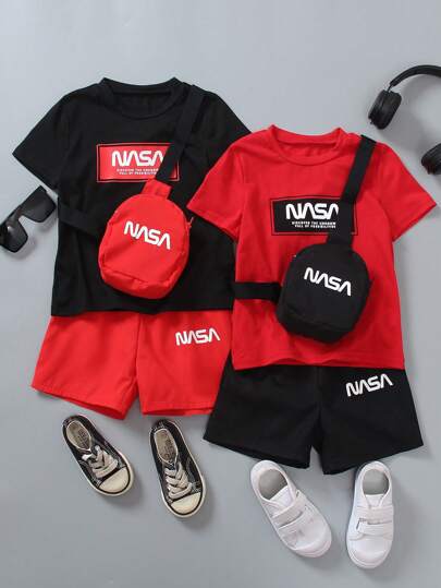 6pcs/Set Young Boy English Print T-Shirt + Sports Shorts + Bag, Casual Cute Comfortable Street Sportswear, Spring/Summer, School, Campus, College