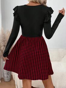 SHEIN LUNE Vestido campana con volantes y estampado de cuadros vintage, cuello redondo, manga corta. Uso casual/laboral para mujer, apto para otoño/invierno.
