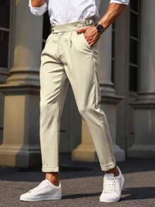 Manfinity Bizformal Men's Solid Color Simple Fashionable Casual Suit Pants, Everyday Wear - Beige - View 6