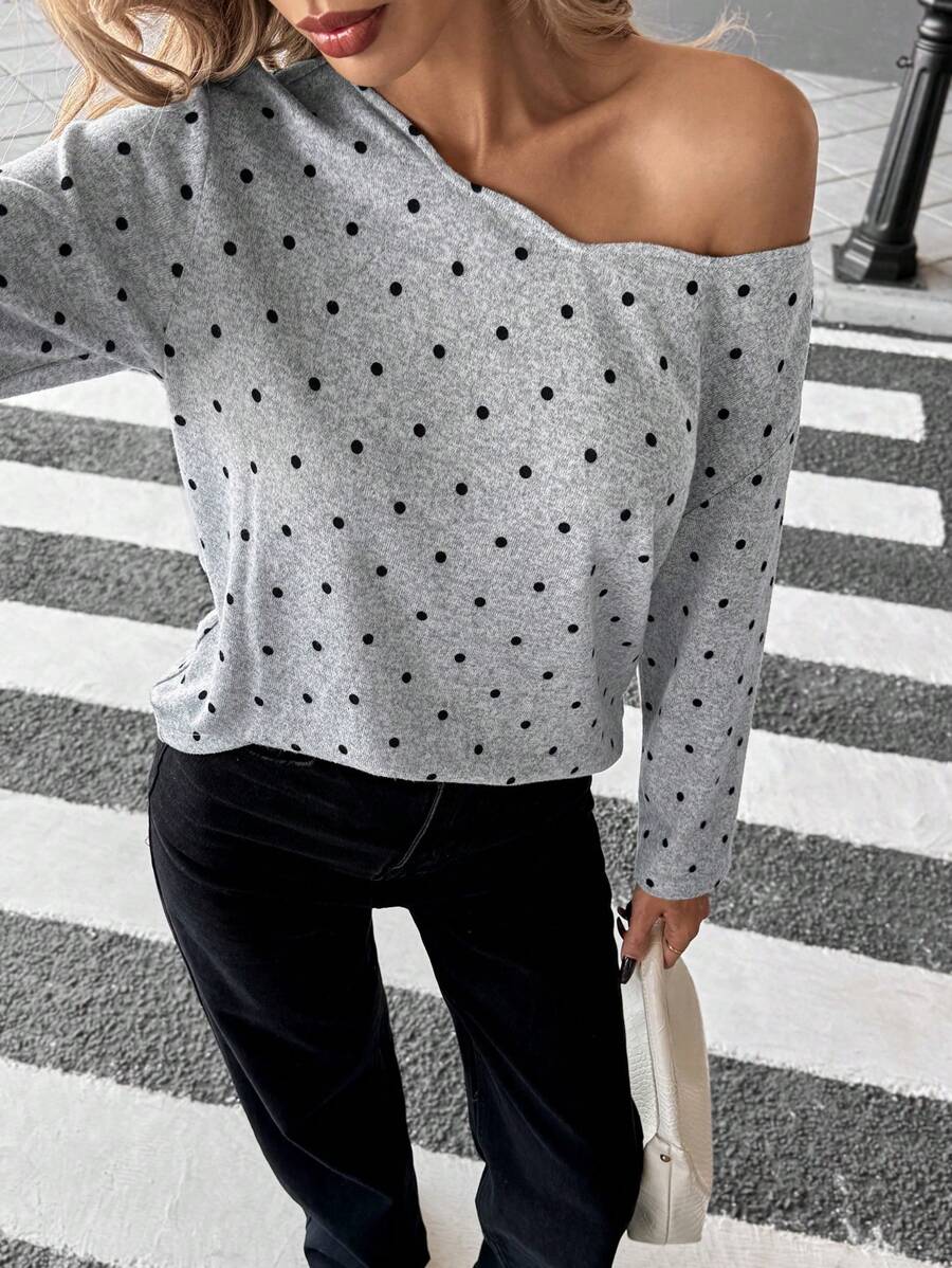 SHEIN Essnce 女士长袖圆点上衣,休闲通勤装 - 灰色 - 查看 1
