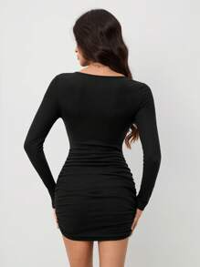 SHEIN Tall Sweetheart Neck Lace Trim Ruched Bodycon Black Tight Dress - Black - View 2