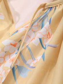 DAZY Floral Print Pleated Drawstring Collar Raglan Lantern Sleeve Loose Nightgown Pajama - Yellow - View 7