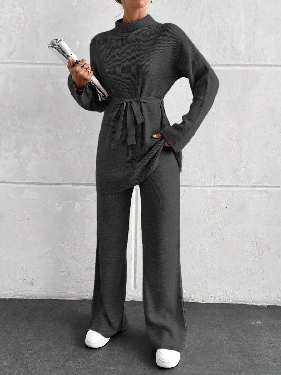 EURMUSE 2pcs/Set Women Simple Stand Collar Long Sleeve Top And Pants Casual Outfit - Light Grey - View 1