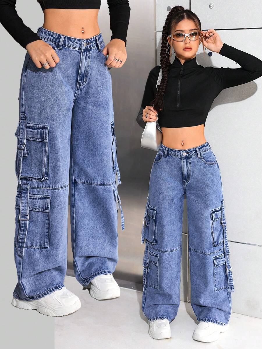 SHEIN Teen Girl Y2K Fashion Stonewashed High Waisted Baggy Straight-Leg Cargo Denim Jeans Pants With Utility Pockets Versatile Style, Girls Spring Summer Streetwear - Medium Wash - View 1