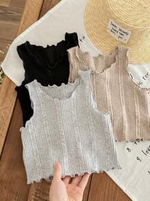 SHEIN LMoss Kids LMoss 女婴 6 件套可爱简约针织纯色无袖波浪下摆上衣和短裤套装