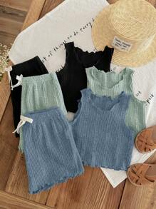 SHEIN LMoss Kids LMoss Baby Girl 6pcs Baby Girl Adorable Simple Knitted Solid Color Sleeveless Wave Hem Top & Shorts Outfits - Multicolor - View 5